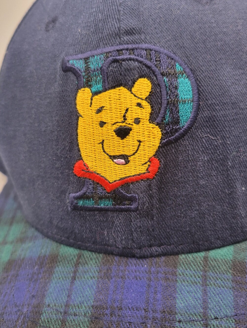 Vintage 90s Disney Store Winnie The Pooh Navy Blue Plaid Hat Cap Size Adu - Picture 2 of 6